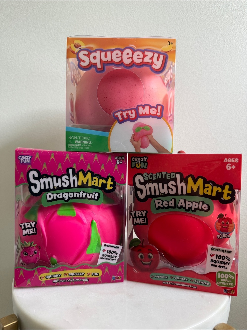 Sunny Days Squeeezy Peach, SmushMart Dragonfruit and Red Apple